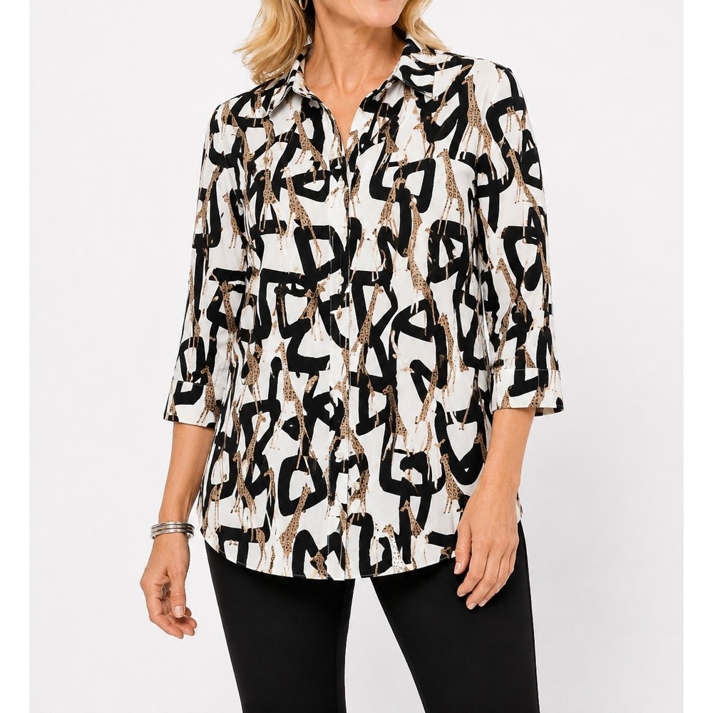 Chico's Size 3 cheetah Abstract Print Button Up Shirt 3/4 Sleeve Cotton Stretch